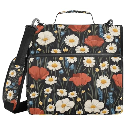 Poppy and Daisy Flowers Black Zipper Binder 3 Ring 1.5 Inch School Binder Organizer with Shoulder Strap Handle File Folder Pockets Large Capacity Students Girl Boy Men Office Work - color: Poppy and Daisy Flowers Black