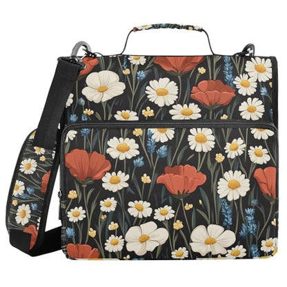 Poppy and Daisy Flowers Black Zipper Binder 3 Ring 1.5 Inch School Binder Organizer with Shoulder Strap Handle File Folder Pockets Large Capacity Students Girl Boy Men Office Work - color: Poppy and Daisy Flowers Black
