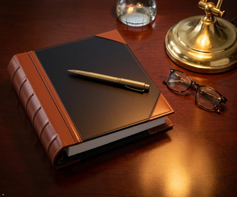 Executive Binder, English Leather 2 Tone with Stitching and Ribbed Spine, Heavy Duty 1.1/2 Inch 3 D-ring with Buster, Holds 350 8.5x 11 Sheets (Black) - size: 1 1/2 Inch