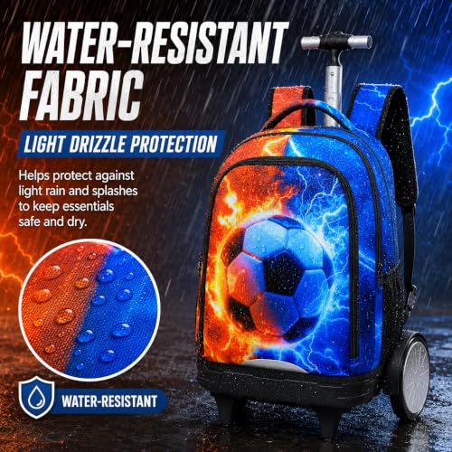 gxtvo Large Wheels & Quiet Glide | Rolling Backpack for Kids - Water-Resistant Wheeled Bag with Lunch Box for School, Travel & Outings - Fire & Lightning Soccer - color: Rolling Backpack Fire Lightning Soccer