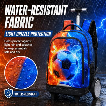 gxtvo Large Wheels & Quiet Glide | Rolling Backpack for Kids - Water-Resistant Wheeled Bag with Lunch Box for School, Travel & Outings - Fire & Lightning Soccer - color: Rolling Backpack Fire Lightning Soccer