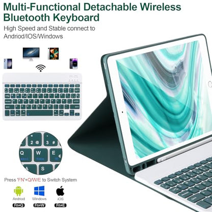 AHYWTAN Keyboard Case for iPad 9/8/7th Gen 10.2’’,Case with Keyboard ipad 10.2 inch,Detachable Bluetooth Keyboard with Pencil Holder, Green-B - color: Green-B