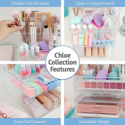 STORi Stackable Desk and Drawer Organizer, Clear Pen Pencil Makeup Brush Holder for Desktops and Vanities, 6 Compartment Caddy with 2 Wide Drawers (Made in USA) - style: Organizer & Drawer Set