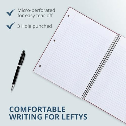 ROARING SPRING Lefty Spiral Notebook, Left-Handed One Subject Notebook, 11" x 9", 100 Sheets, College-Ruled, Perforated, Assorted Saranac Covers, Made in USA