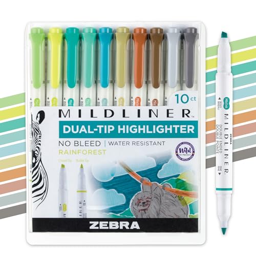Zebra Pen Mildliner Dual-Tip Highlighter Set, Broad and Fine Tips, No Bleed, Ideal for Bible Highlighting, Journaling, Note-Taking and School Supplies, Assorted Rainforest Ink Colors, 10-Pack (78401) - color: Cool and Refined B