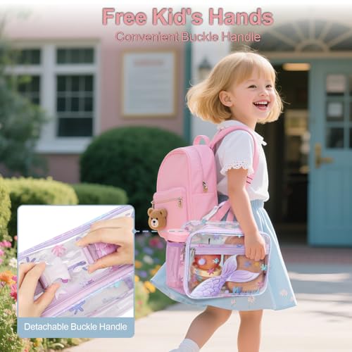 Bagseri Clear Kids Lunch Bag - School Snack Bag with Bottle Holder | Side Pocket, Buckle Handle, Wide Opening, PEVA Lining, School Girls Lunch Box, Clear Toy Bags, Purple Mermaid - color: B-purple mermaid tail