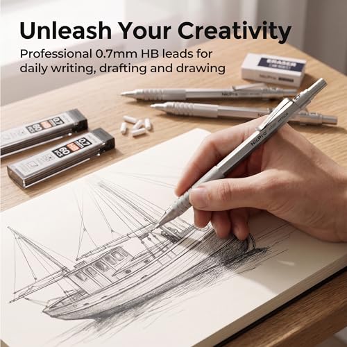 Nicpro 0.7 Metal Mechanical Pencil Set with Case, 3PCS MP1000 0.7mm Artist Lead Pencil With 8 Tube HB Refills, 3 Erasers, 9 Eraser Refill For Architect Art Drafting Drawing Engineering, Sketching - color: Silver, style: 0.7 MM