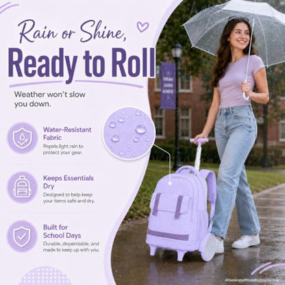 gxtvo Large Wheels & Quiet Glide | Rolling School Backpack for Women & Girls - Water-Resistant Wheeled Bag with Lunch Box for Office, Travel & College - Purple - color: Rolling Backpack Reflective Purple