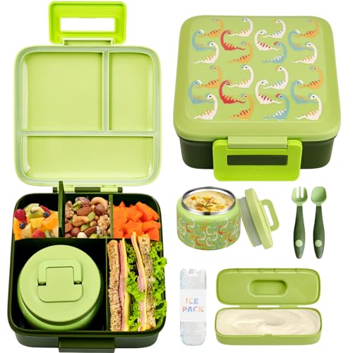 JXXM Bento Lunch Box for Kids with 8oz Soup Thermo,Leak-Proof Lunch Containers with 5 Compartment,Thermo Food Jar Food Containers for School (Green-Colorful Dinosaur) - color: Green-Colorful Dinosaur