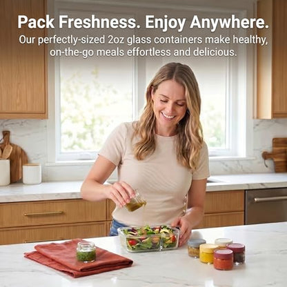 EONJOE 2 oz Glass Dressing Containers With Lids, Sauce Jars for Lunch, 6pk | Airtight ,BPA Free,Perfect for salad dressing sauce dip condiment to go lunch box Accessories , Dishwansher safe - size: 2oz