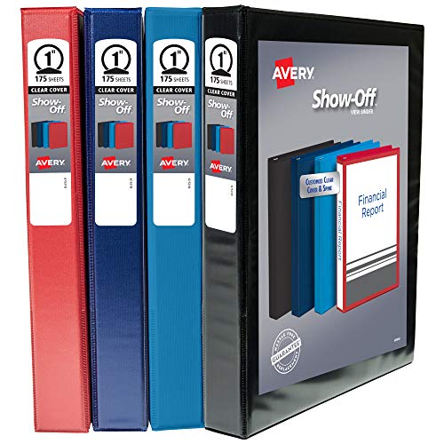 Avery Show-Off Standard View 3 Ring Binder, 1" Round Rings, 175-Sheet Capacity, 1.4 Inch Wide Spine, Color Will Vary (Black, Light Blue, Navy Blue, or Red), Ideal for Light Organization (12789)