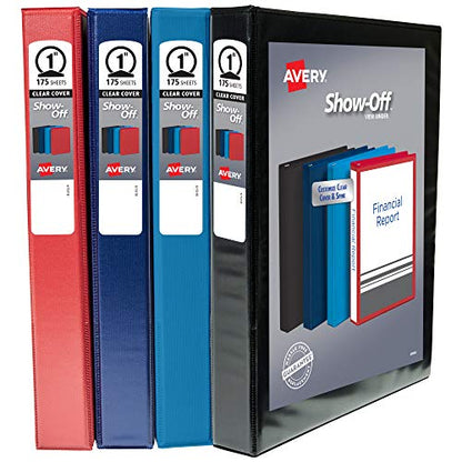 Avery Show-Off Standard View 3 Ring Binder, 1" Round Rings, 175-Sheet Capacity, 1.4 Inch Wide Spine, Color Will Vary (Black, Light Blue, Navy Blue, or Red), Ideal for Light Organization (12789)