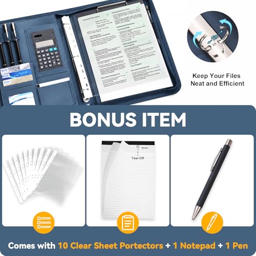 Leathario Portfolio Binder, Includes 5 Sheet Protectors and a Pen, 13 Inch Tablets Organizer, Vegan Leather A4 Padfolio, Multi-Pocket Notepad Business Planner Professional Document - color: Relief Blue