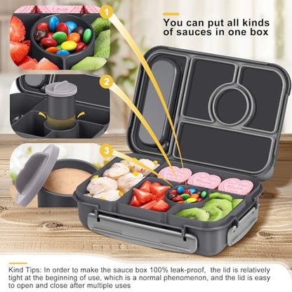 Amathley Bento Box Adult Lunch Box Kids,Lunch Containers for Adults/Kids/Toddler,5 Compartments Bento Lunch Box with Sauce Vontainers,Microwave & Dishwasher & Freezer Safe,BPA-Free (Dark Gray) - color: Dark Gray