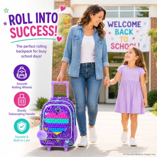 AGSDON 3PCS Rolling Backpack for Girls, Kids Roller Wheels Bookbag, Wheeled School Bag with Lunch Bag - Purple - color: Love