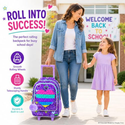 AGSDON 3PCS Rolling Backpack for Girls, Kids Roller Wheels Bookbag, Wheeled School Bag with Lunch Bag - Purple - color: Love