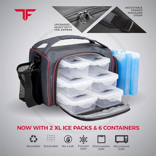ThinkFit Red Reusable Lunch Bag with 6 Portion Control Containers, 2 XL Ice Packs, Pill Box, and Shoulder Strap - Microwavable and Freezer Safe - color: Red