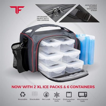 ThinkFit Red Reusable Lunch Bag with 6 Portion Control Containers, 2 XL Ice Packs, Pill Box, and Shoulder Strap - Microwavable and Freezer Safe - color: Red