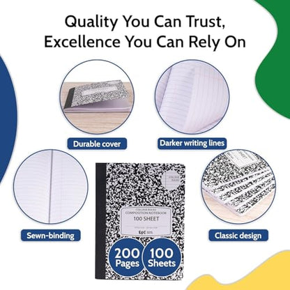 960 Pack (Pallet) EPI College Ruled Composition Notebook Bulk, 200 pages (100 Sheets), 9-3/4 x 7-1/2, Black Marble, Bulk School Supplies, Heavy Duty, Durable Office Notebooks, Sturdy Sewn Binding - size: Pack of 960, style: College Ruled