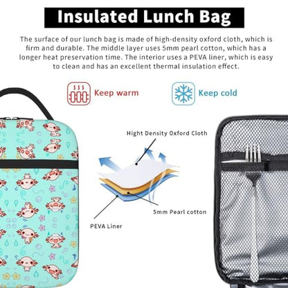 The Axolotl Kawaii Leakproof Lunch Bag Large Capacity Lunchbox Insulated Reusable Lunch Tote Bags Cooler Lunch Container For Work/Office/Picnic/Travel - color: The Axolotl Kawaii