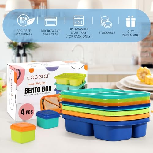 Caperci Bento Lunch Box Containers for Adults & Kids - 3-Compartment Reusable Meal Prep Containers with 2Pc Sauce Containers for School, Work, Travel, Wheat Straw, Set of 4 (Jewel Brights) - color: Jewel Brights