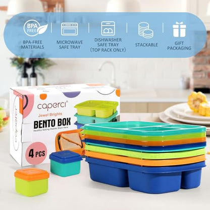 Caperci Bento Lunch Box Containers for Adults & Kids - 3-Compartment Reusable Meal Prep Containers with 2Pc Sauce Containers for School, Work, Travel, Wheat Straw, Set of 4 (Jewel Brights) - color: Jewel Brights