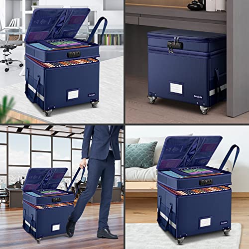 DocSafe File Box with Lock, 2-Layer Fireproof Document Box with Wheels,Collapsible File Storage Organizer with Pockets,Large Portable Office Filing Cabinet Hanging Folders,Blue,16''x13.8''x12.2'' - color: Blue