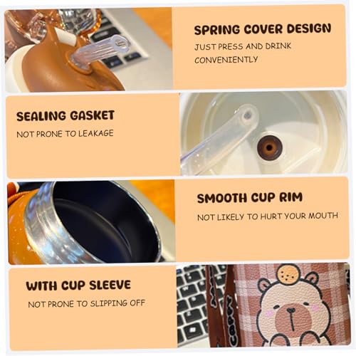 Capybara Water Bottle with Lid & Straw 520ml Stainless Steel Cute Water Bottle Portable Drinking Cup with Cup Sleeve and Strap for Office School Travel Girls.
