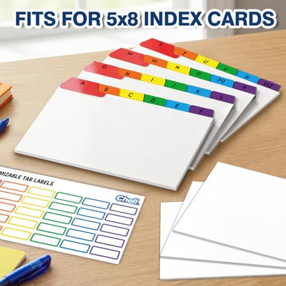 Chell 5"x8" Index Card Dividers, A-Z Tabbed, with Blank Stickers, 1 Set | Bright Colors, Heavyweight, Made of 110 lb. Cover Weight Paper, Alphabetical, Blank Stickers - size: 5"x8"