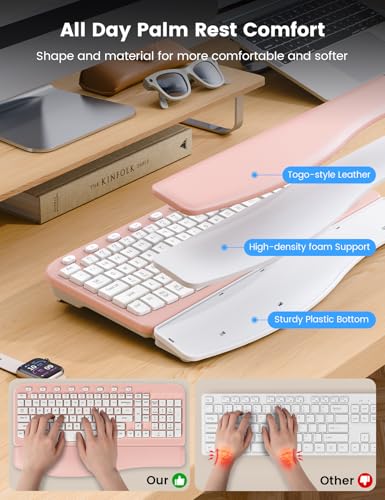 SABLUTE Wireless Keyboard and Mouse Combo with Ergonomic Wave Key | Leather Soft Palm Rest, 2.4G Full Size, 6-Button Mouse, 4-Level DPI, USB-A/C, MA12 Set for PC, Laptop, Windows, macOS (Pink） - color: Blush Pink