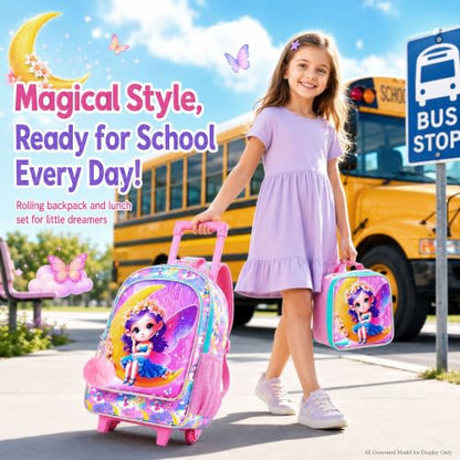 gxtvo Girls Rolling Backpack, Cute Moon Fairy Roller Wheels Kids Bookbag - Wheeled Elementary School Bag - 3PCS Moon Fairy - color: Moon Fairy With Purple Hair Rolling Backpack