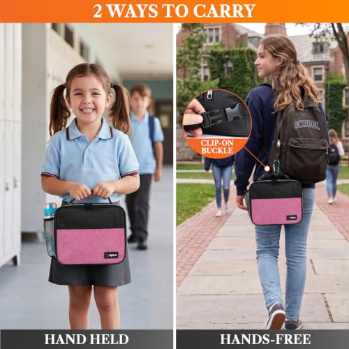 opux Insulated Lunch Bag for Kids, Reusable Lunch Box for School with Leakproof Lining, Compact Soft Cooler Tote for Boys & Girls, Front Pocket, Mesh Side Bottle Holder (Heather Pink) - color: Heather Pink
