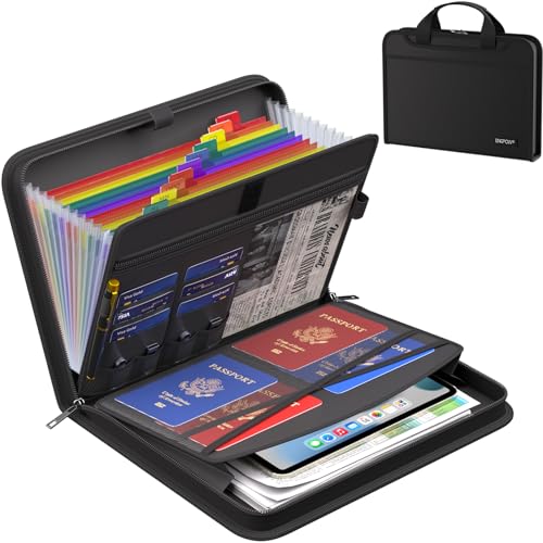 ENGPOW Accordion File Organizer,Fireproof Expanding File Folder with Multi Pockets,13 Colorful Pockets Document Organizer with Handle & Labels,Portable Home Travel Safe Storage for Letter A4 Files - color: Black, style: 13 Pockets,Colorful
