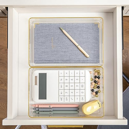 Martha Stewart Kerry Plastic Stackable Office Desk Drawer Organizers, 9" x 6", 3 Pack, with Gold Trim - size: 9" x 6"