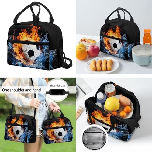 CLOHOMIN Fire Water Football Backpack and Lunch Box Set of 3 Elementary School Bookbag for Kids 5th Grade Thermal Lunchbox Water Bottle Holder Children Book Bag for Boys Girls 7-9 Lunch Bag - color: Fire Water Football
