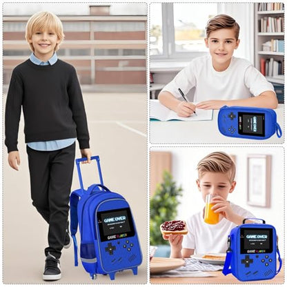 Kids Rolling Backpack for Boys - 3PCS Gamer Boys Rolling Backpack with Lunch Bag Set, Elementary Middle School Roller Bookbag with Adjustable Handle for Travel & School