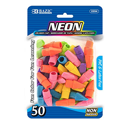 BAZIC Products Neon Pencil-Top Eraser Caps, Latex-Free, PVC-Free, 24-Box | non-abrasive, Slide onto standard pencils, Bulk classroom pack, 50 Coun - color: 50-count, size: 24-Pack