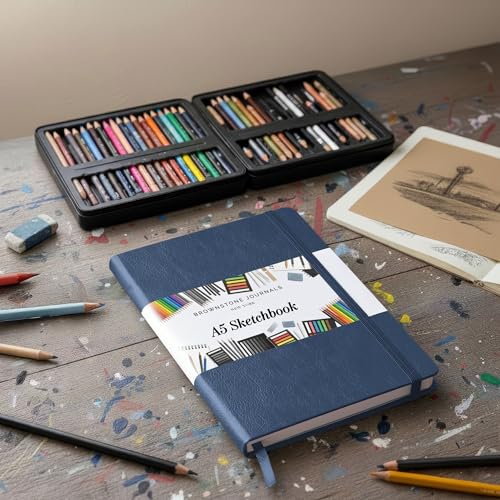 BROWNSTONE JOURNALS A5 Sketch Book Hardcover - 80 Sheets 100 GSM Paper 5"x8", Lay Flat, Vegan Leather Cover, Elastic Band, Back Pocket, Art Drawing Book (Symphony Blue) - color: Symphony Blue, size: A5 (5" x 8")
