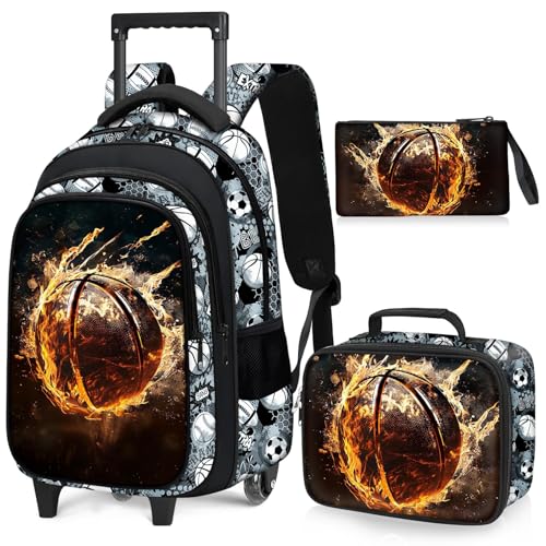 Basketball Rolling Backpack for Boys - 3PCS Boys Rolling Backpack with Lunch Box Set for Kids Children Teens Elementary Middle School,Sport Roller Bookbag with Wheels for Age 6-18 - color: Basketball-002-backpack Set