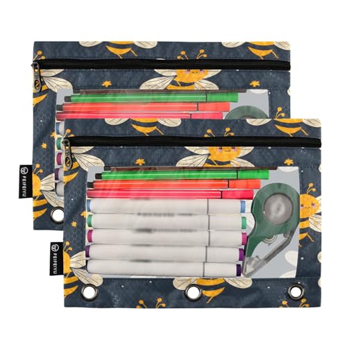 SUABO Honey Bee Pencil Pouch for 3 Ring Binder, 2 PCS Binder Pencil Pouch with Zipper, Clear Window Zipper Pencil Case Pencil Bags for Office Supplies - color: Honey Bee