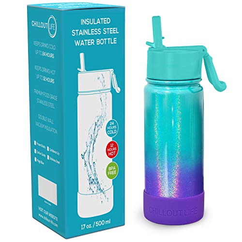 CHILLOUT LIFE 17oz Kids Insulated Stainless Steel Water Bottle with Leak Proof Straw Lid & 144 Stickers - color: Mermaid Sparkle, style: 17 oz
