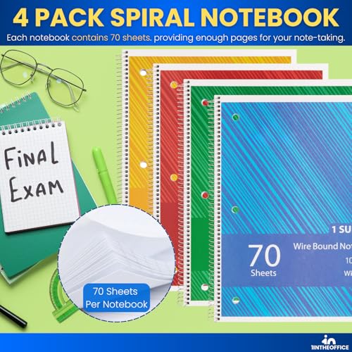 1InTheOffice Spiral Notebook 8.5x11 Wide Ruled, 1-Subject Notebooks, Wirebound Spiral Notebooks, 3-Hole Punched, 70 Sheets, Assorted Colors, 4 Pack