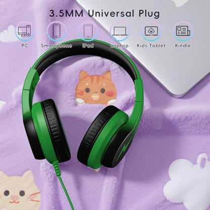 Candy Bila Kids Headphones, Wired Headphones for Kids Over Ear with Microphone, Foldable Headphone for Learning & Entertainment, Black and Green - color: Black and Green