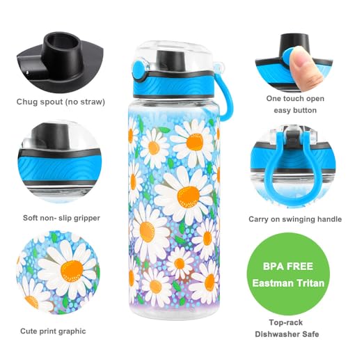 Cute Water Bottle for School Kids Girls, BPA FREE Tritan & Leak Proof & Easy Clean & Carry Handle, 23oz/ 680ml - Daisy - color: Daisy