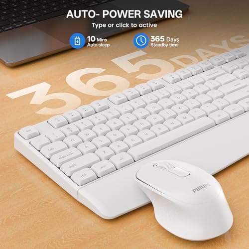 PHILIPS Wireless Keyboard and Mouse Combo-Ergonomic Keyboard and Mouse Wireless Combo with Silent Design,Plug n' Play,Sleep Mode and 2.4GHz Keyboard for Mac, Windows, Laptop-White - color: White