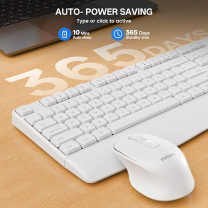 PHILIPS Wireless Keyboard and Mouse Combo-Ergonomic Keyboard and Mouse Wireless Combo with Silent Design,Plug n' Play,Sleep Mode and 2.4GHz Keyboard for Mac, Windows, Laptop-White - color: White
