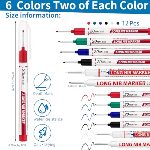 12 PCS Long Head Deep Hole Marker Pens,20mm Long Nib Marker, Longs Nose Markers, Waterproof Construction Markers Marking Tool,Permanent Markers Carpenter Ink marker Pens,Metal marking Pens - color: 12PCS-20MM-Red/Blue/Green/Black/White/Purple