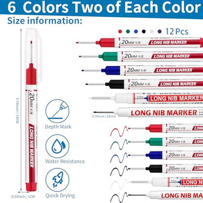 12 PCS Long Head Deep Hole Marker Pens,20mm Long Nib Marker, Longs Nose Markers, Waterproof Construction Markers Marking Tool,Permanent Markers Carpenter Ink marker Pens,Metal marking Pens - color: 12PCS-20MM-Red/Blue/Green/Black/White/Purple