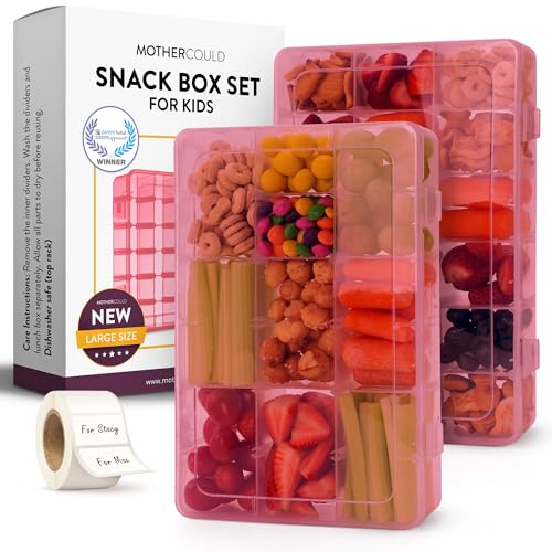 Large Kids Snack Box Containers Set of 2 -100 Labels, BPA-Free, Adjustable Compartments, Dishwasher Safe, Reusable Tray, Food Grade, Meal Prep Container, PARENT TESTED PARENT APPROVED AWARD (Pink) - color: Pink, size: Large
