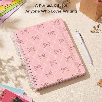 Hardcover Spiral Notebook Journal for Women & Men, Cute 5 Subject Notebook College Ruled for School & Work, Pink Journaling Notebooks with Removable Dividers Tabs, 8" x 10", 300 Pages, Bows - color: Pink Bow